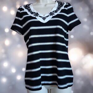 Croft & Barrows P/S  BlackWhite Striped Short SleevesEmbroidered Neckline Pretty